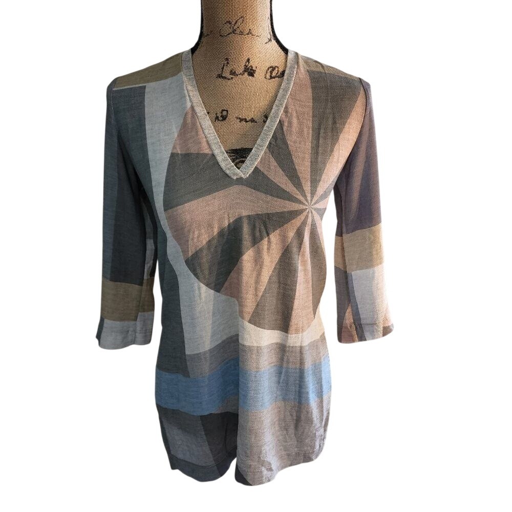 Zara Geometric Sunburst Knit Tunic‎ Top V-Neck 3/4 Sleeve Small Multicolor